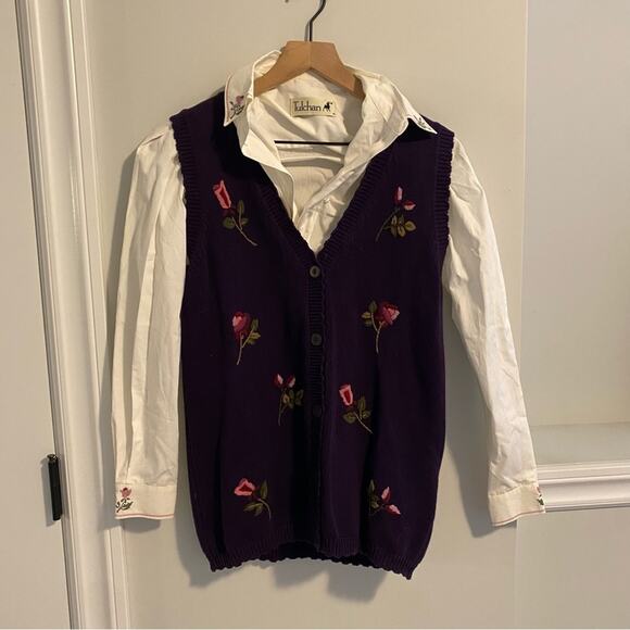 Deadstock Vintage Tulchan Purple Needlepoint Floral Top and Vest Set Small - Picture 13 of 16